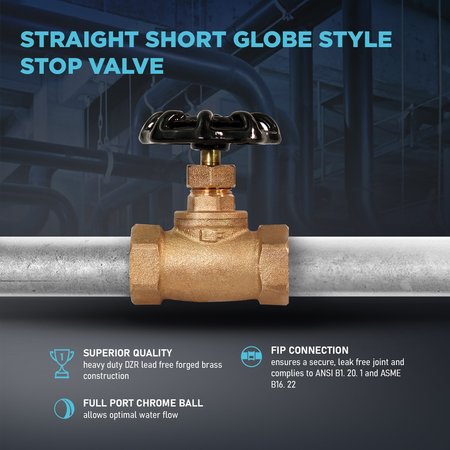 Everflow FIP Short Globe Style Stop Valve, Brass 3/4" 73342-NL